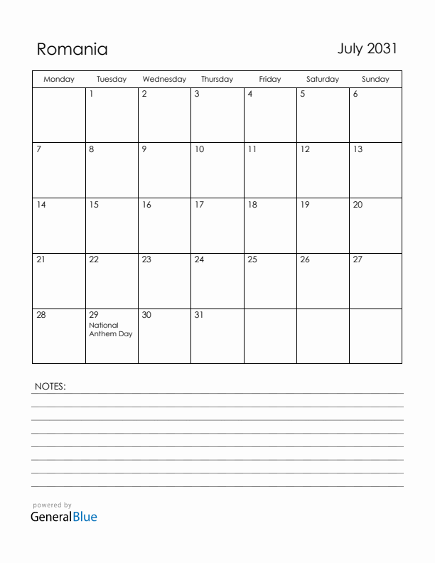 July 2031 Romania Calendar with Holidays (Monday Start)