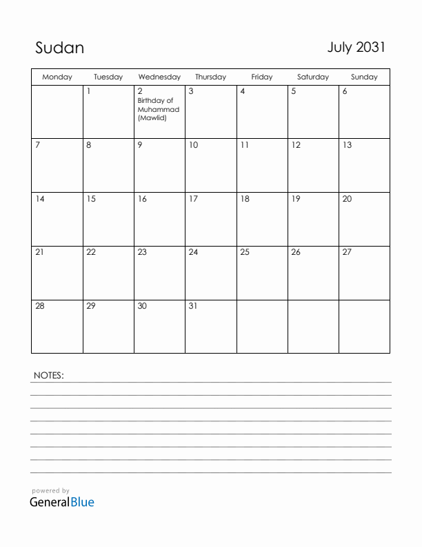 July 2031 Sudan Calendar with Holidays (Monday Start)