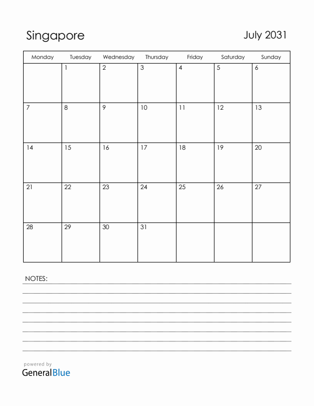 July 2031 Singapore Calendar with Holidays (Monday Start)