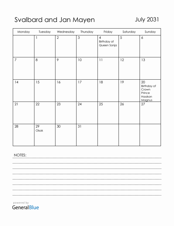 July 2031 Svalbard and Jan Mayen Calendar with Holidays (Monday Start)