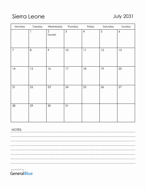 July 2031 Sierra Leone Calendar with Holidays (Monday Start)