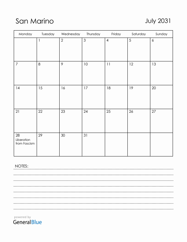 July 2031 San Marino Calendar with Holidays (Monday Start)