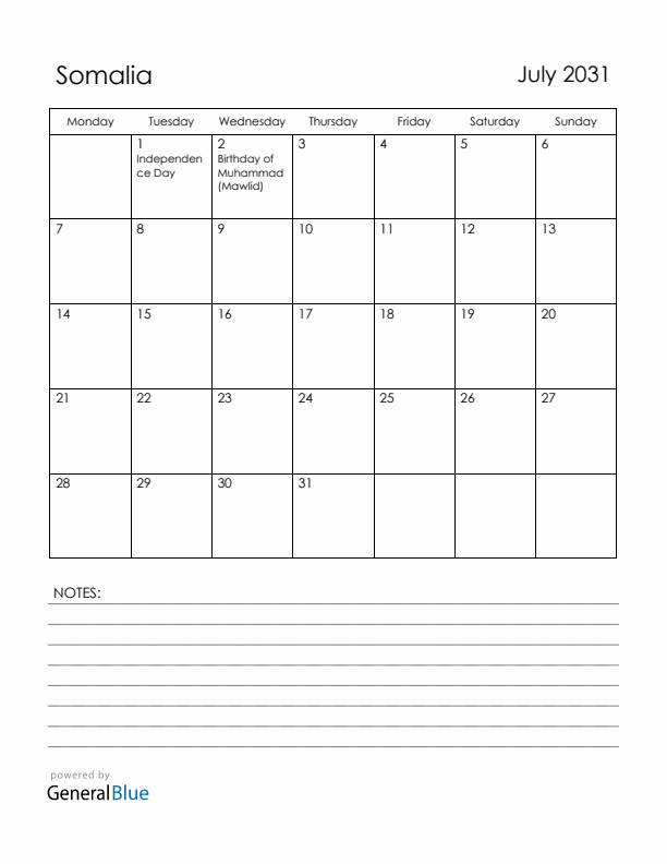 July 2031 Somalia Calendar with Holidays (Monday Start)