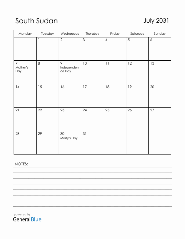 July 2031 South Sudan Calendar with Holidays (Monday Start)