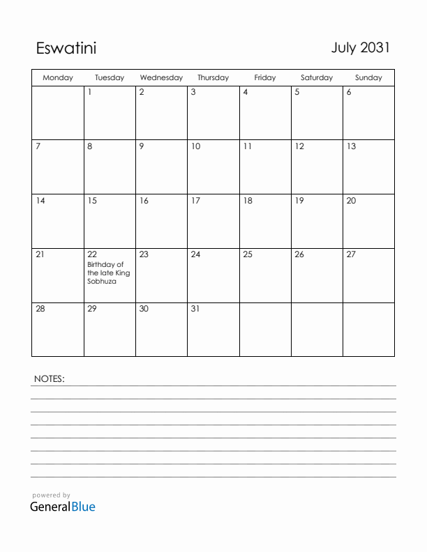 July 2031 Eswatini Calendar with Holidays (Monday Start)
