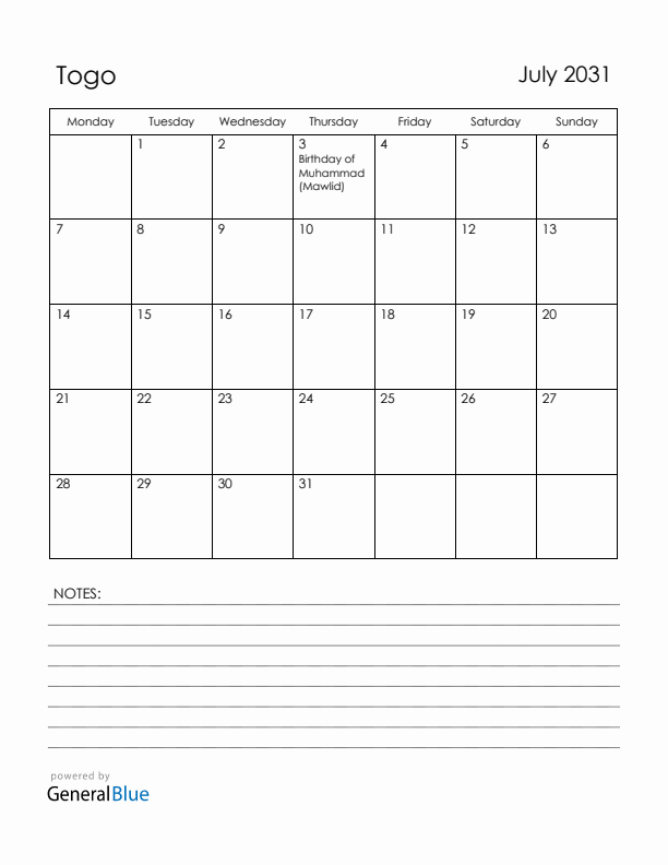 July 2031 Togo Calendar with Holidays (Monday Start)