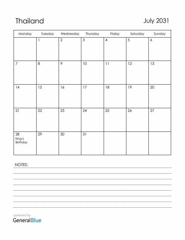 July 2031 Thailand Calendar with Holidays (Monday Start)
