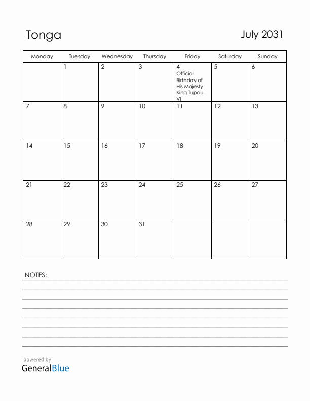 July 2031 Tonga Calendar with Holidays (Monday Start)
