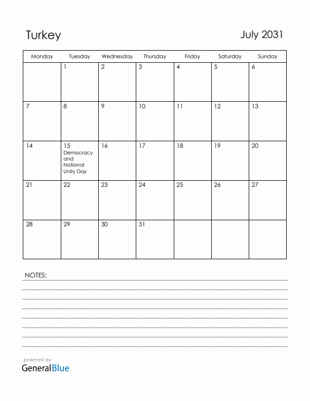 July 2031 Turkey Calendar with Holidays (Monday Start)
