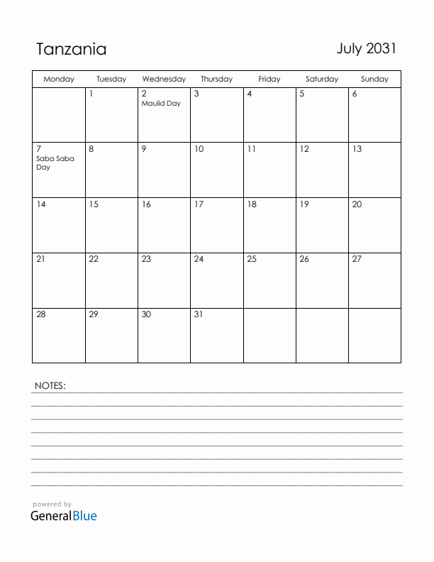 July 2031 Tanzania Calendar with Holidays (Monday Start)