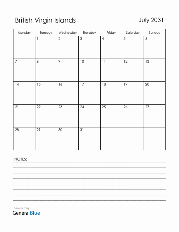 July 2031 British Virgin Islands Calendar with Holidays (Monday Start)