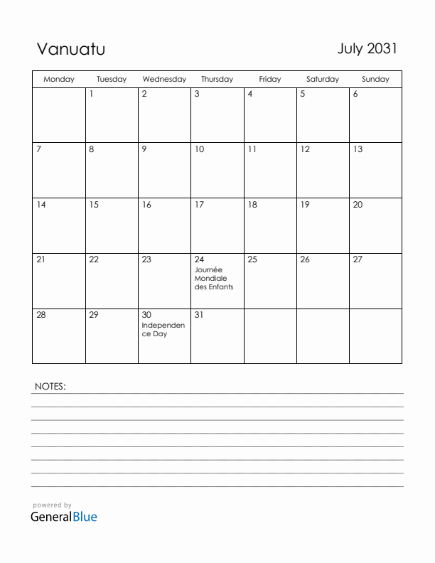 July 2031 Vanuatu Calendar with Holidays (Monday Start)