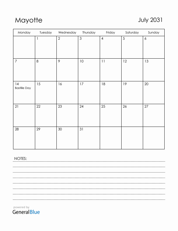 July 2031 Mayotte Calendar with Holidays (Monday Start)