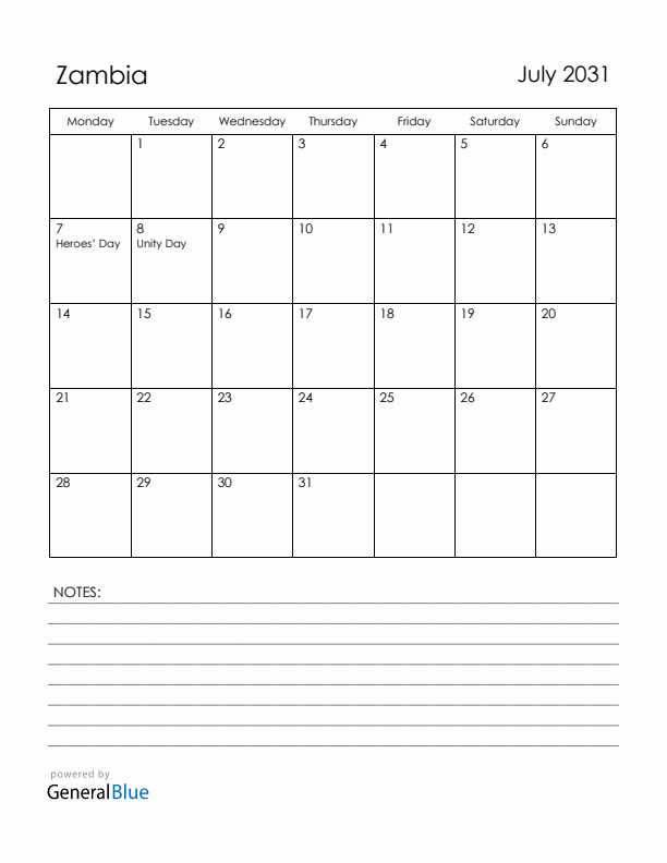 July 2031 Zambia Calendar with Holidays (Monday Start)
