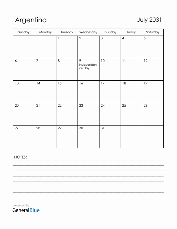 July 2031 Argentina Calendar with Holidays (Sunday Start)