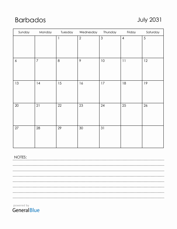 July 2031 Barbados Calendar with Holidays (Sunday Start)