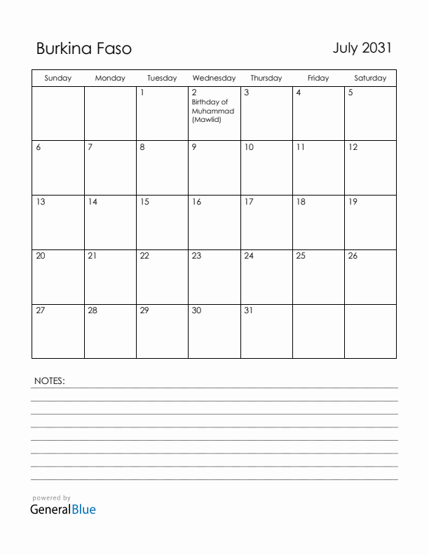 July 2031 Burkina Faso Calendar with Holidays (Sunday Start)