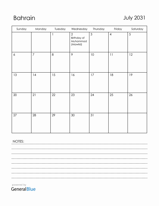 July 2031 Bahrain Calendar with Holidays (Sunday Start)