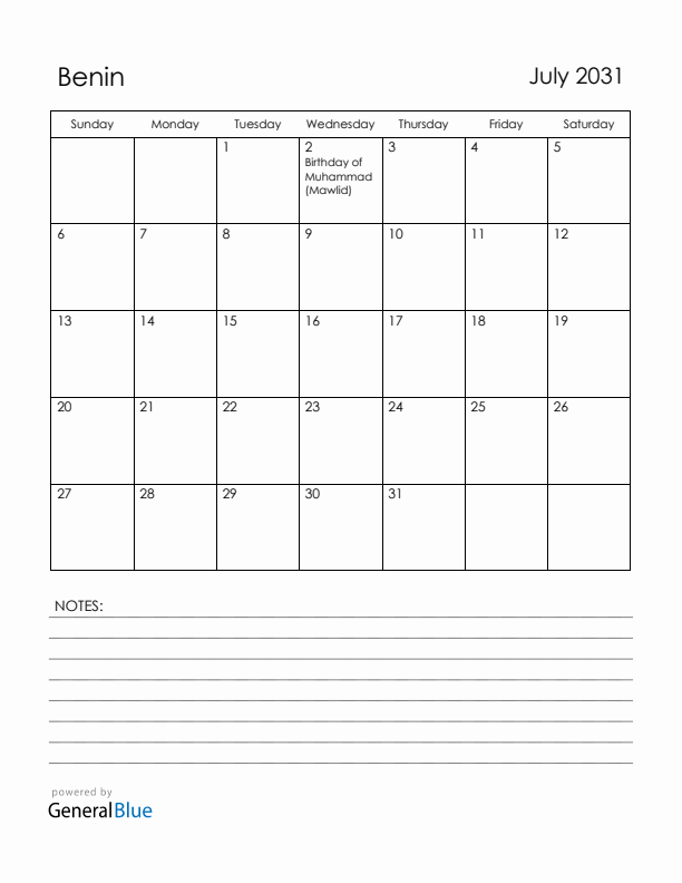 July 2031 Benin Calendar with Holidays (Sunday Start)