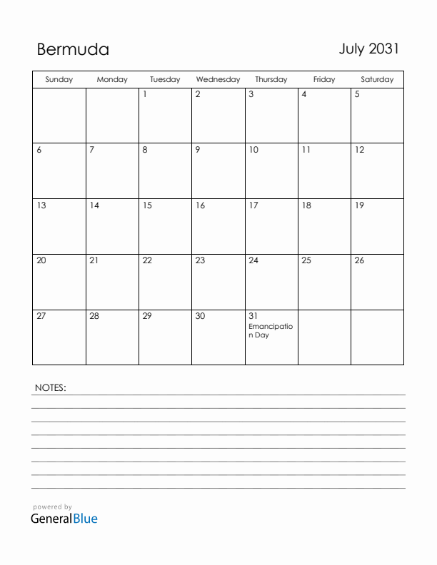 July 2031 Bermuda Calendar with Holidays (Sunday Start)