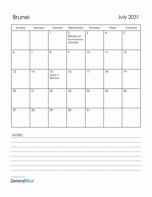 July 2031 Brunei Calendar with Holidays (Sunday Start)