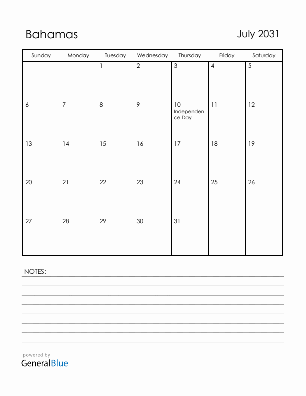 July 2031 Bahamas Calendar with Holidays (Sunday Start)