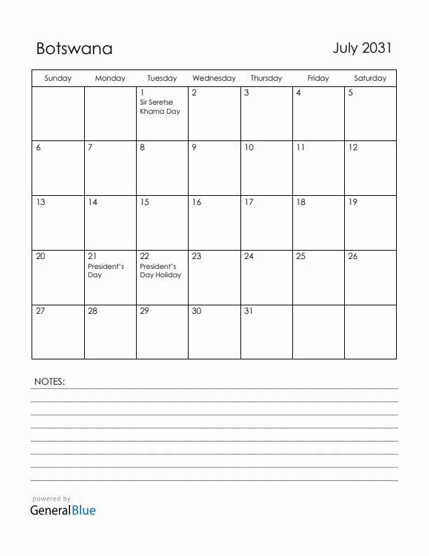 July 2031 Botswana Calendar with Holidays (Sunday Start)