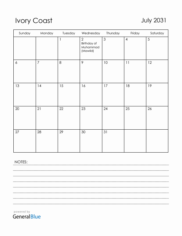 July 2031 Ivory Coast Calendar with Holidays (Sunday Start)