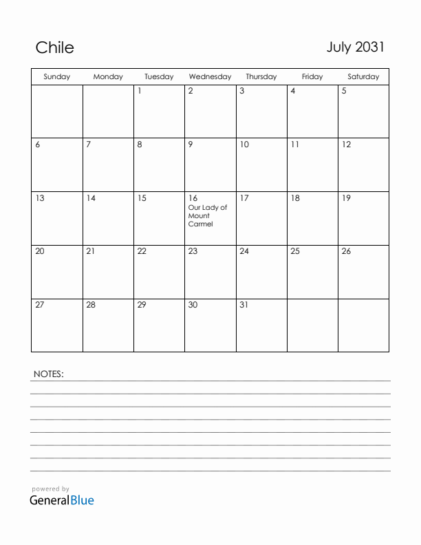 July 2031 Chile Calendar with Holidays (Sunday Start)
