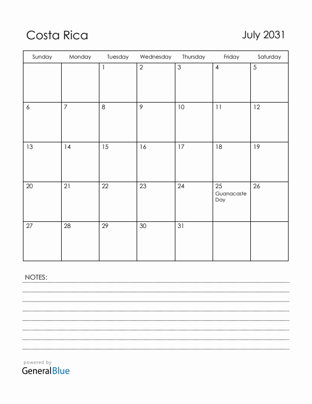 July 2031 Costa Rica Calendar with Holidays (Sunday Start)