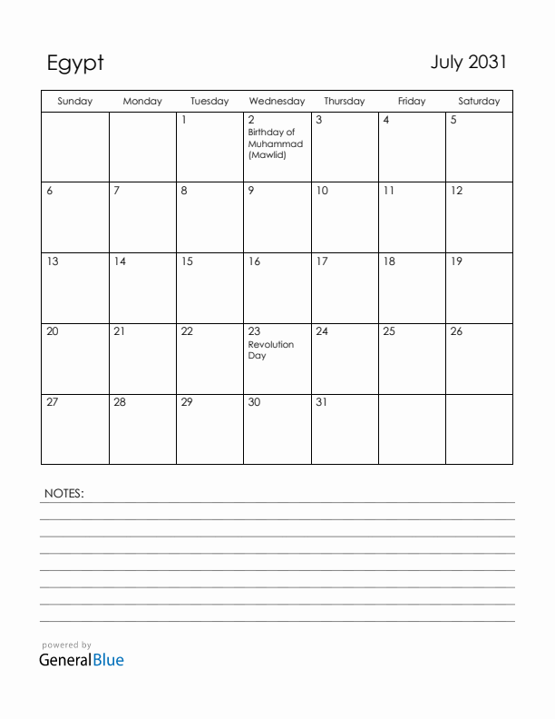 July 2031 Egypt Calendar with Holidays (Sunday Start)