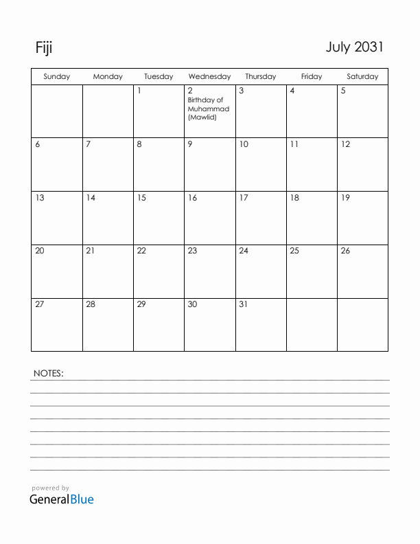 July 2031 Fiji Calendar with Holidays (Sunday Start)