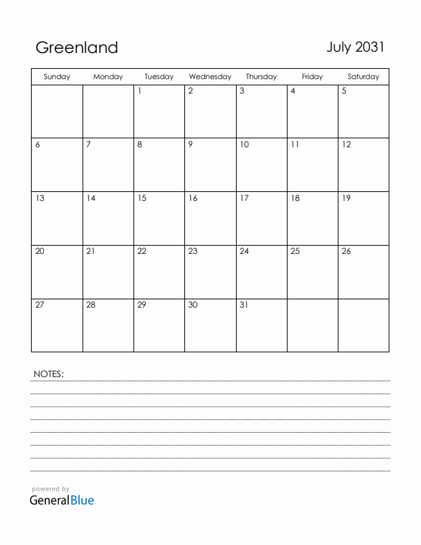 July 2031 Greenland Calendar with Holidays (Sunday Start)