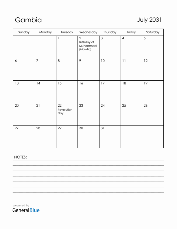 July 2031 Gambia Calendar with Holidays (Sunday Start)