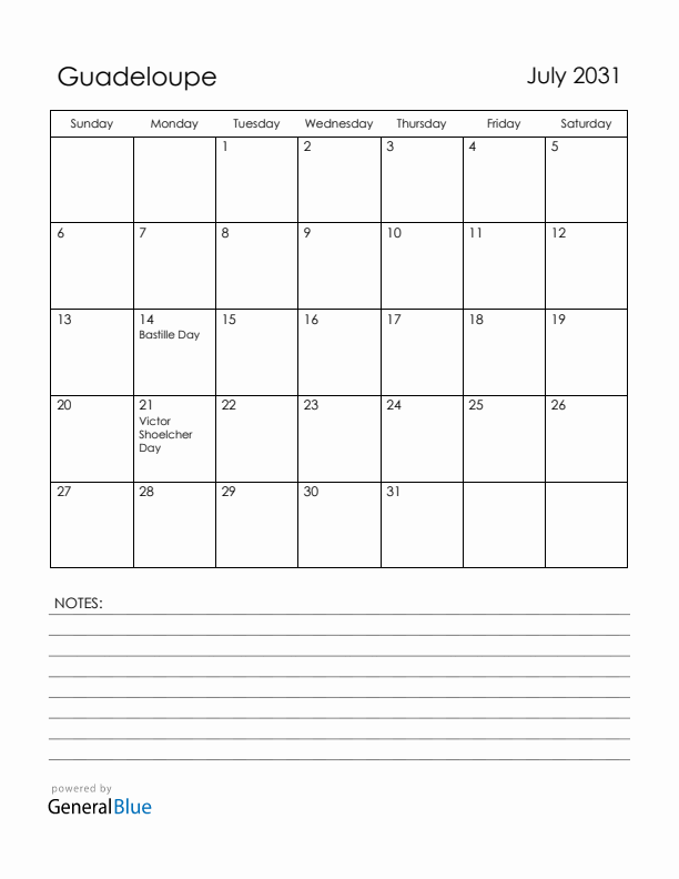 July 2031 Guadeloupe Calendar with Holidays (Sunday Start)