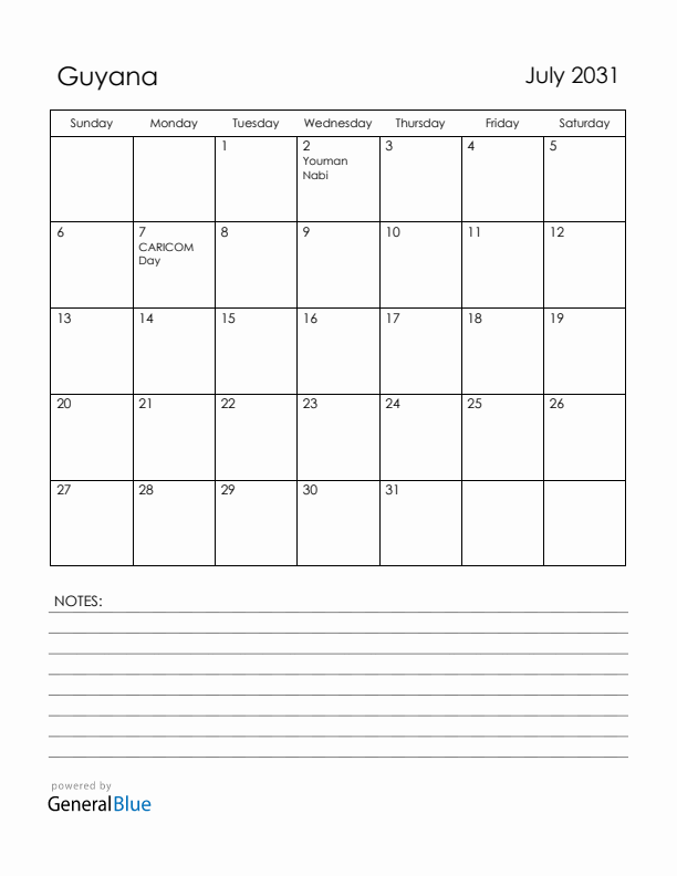 July 2031 Guyana Calendar with Holidays (Sunday Start)