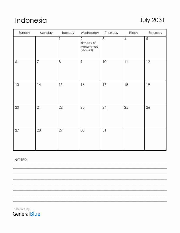 July 2031 Indonesia Calendar with Holidays (Sunday Start)