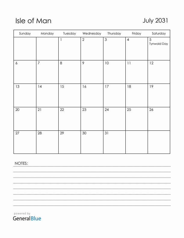 July 2031 Isle of Man Calendar with Holidays (Sunday Start)