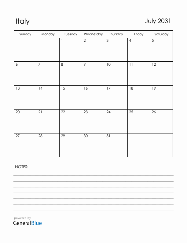 July 2031 Italy Calendar with Holidays (Sunday Start)