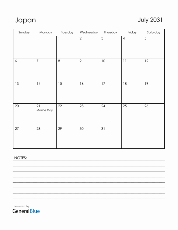 July 2031 Japan Calendar with Holidays (Sunday Start)
