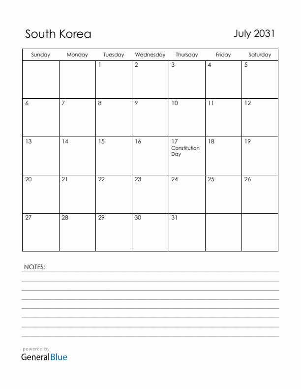July 2031 South Korea Calendar with Holidays (Sunday Start)