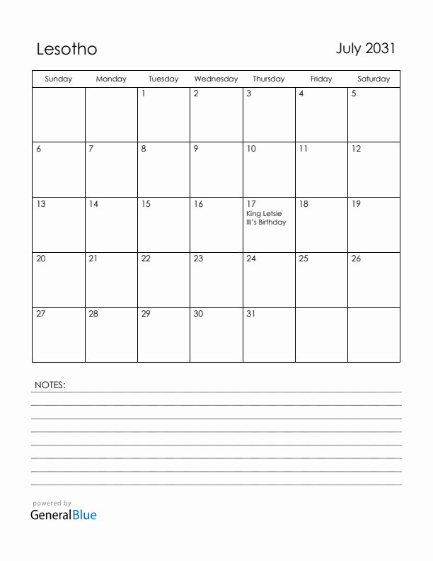 July 2031 Lesotho Calendar with Holidays (Sunday Start)
