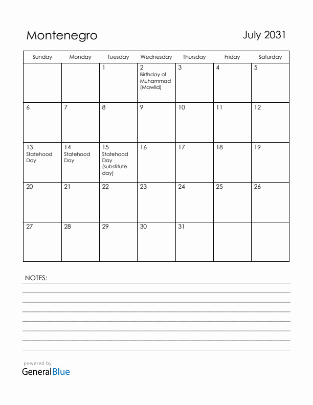 July 2031 Montenegro Calendar with Holidays (Sunday Start)