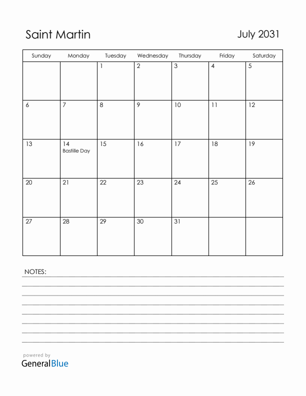 July 2031 Saint Martin Calendar with Holidays (Sunday Start)