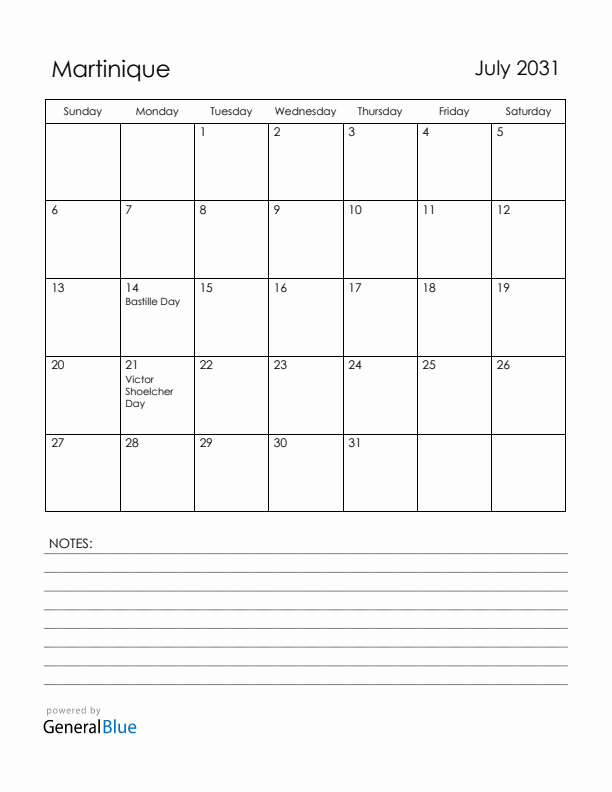 July 2031 Martinique Calendar with Holidays (Sunday Start)