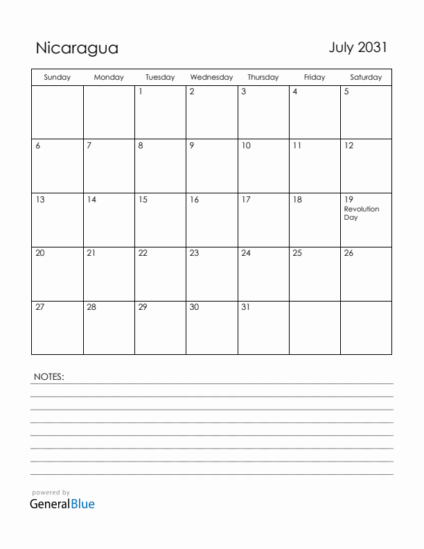 July 2031 Nicaragua Calendar with Holidays (Sunday Start)