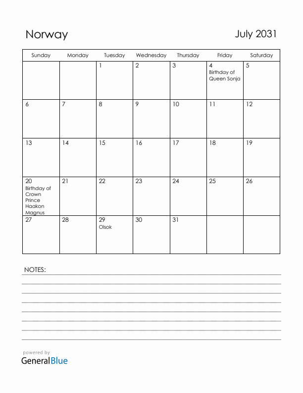 July 2031 Norway Calendar with Holidays (Sunday Start)