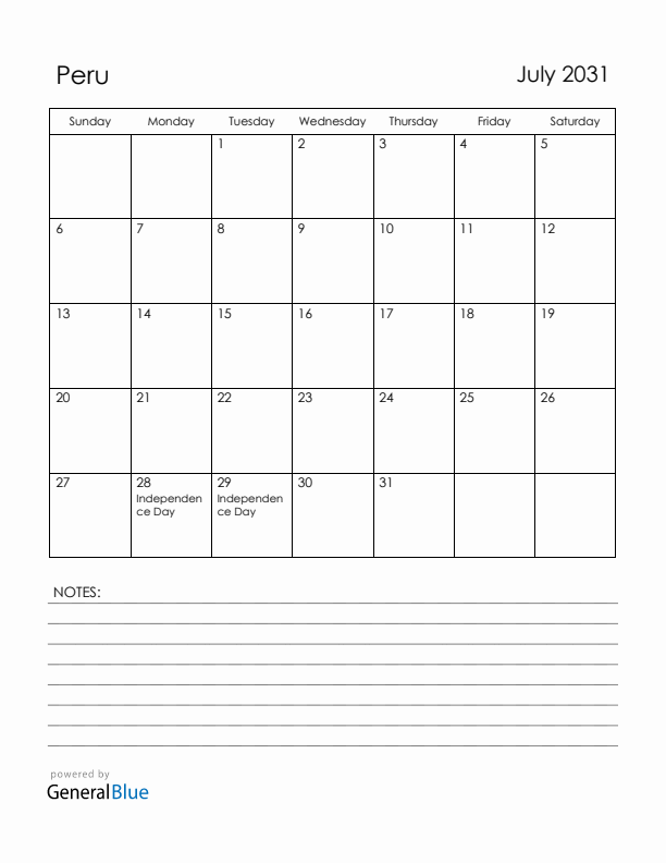 July 2031 Peru Calendar with Holidays (Sunday Start)