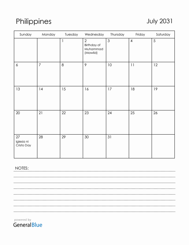 July 2031 Philippines Calendar with Holidays (Sunday Start)