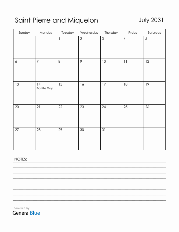 July 2031 Saint Pierre and Miquelon Calendar with Holidays (Sunday Start)